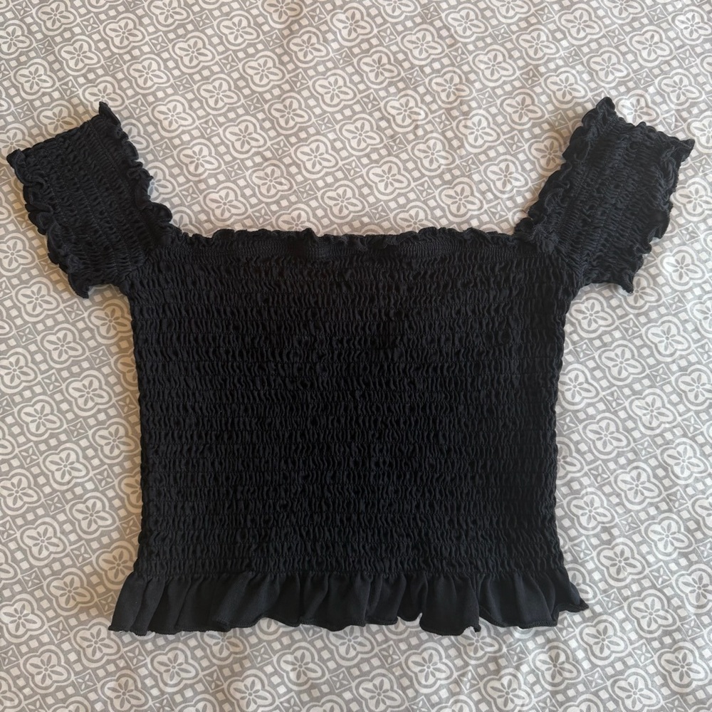 Black Smocked Off-Shoulder Top